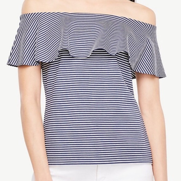 Ann Taylor Navy Blue Striped Off Shoulder Top XS - Picture 3 of 8